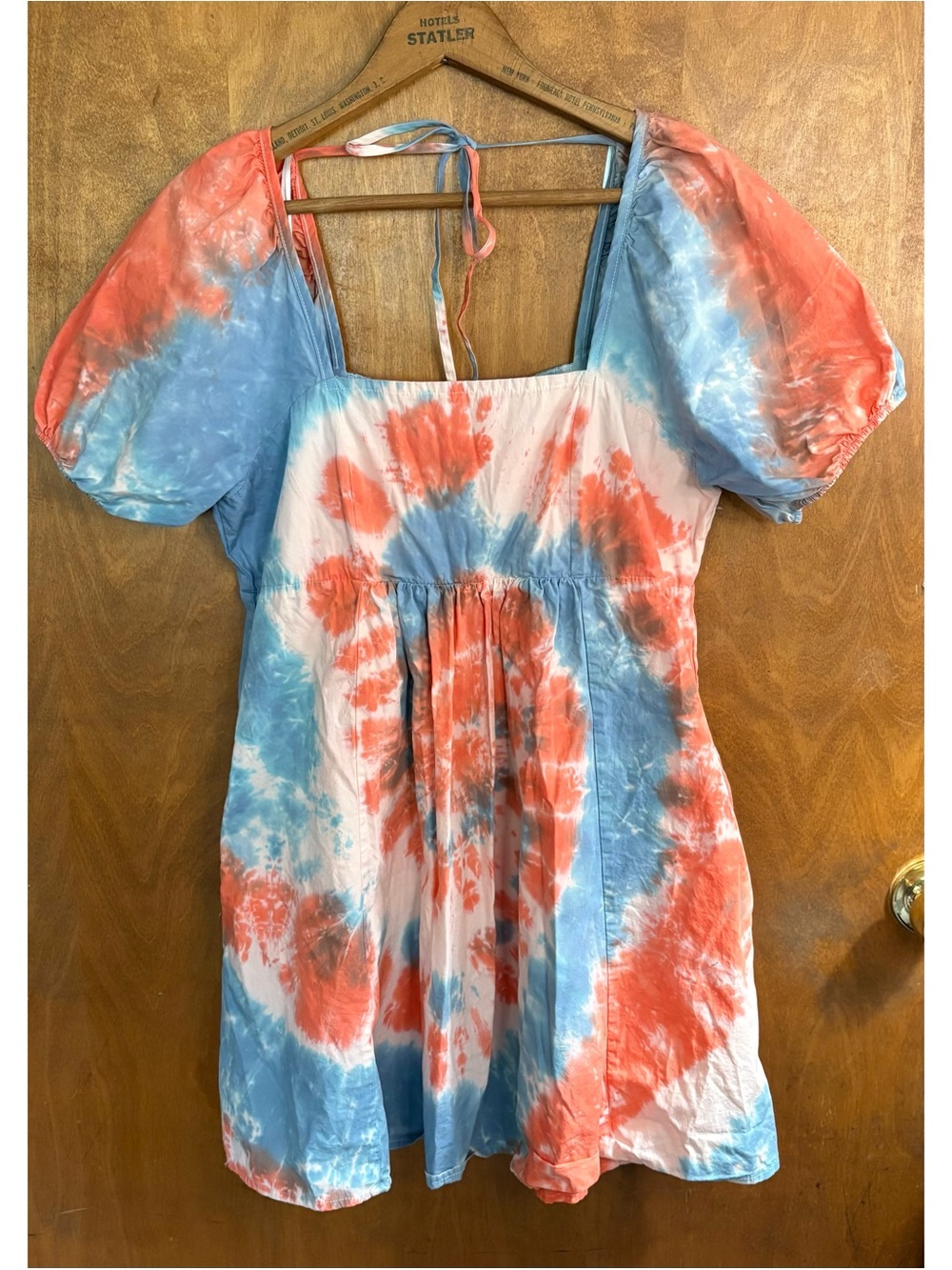 Draper James Red White Blue Tie Dye Square Neck Puff Sleeve Mini Babydoll Dress